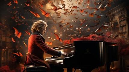 Fototapeta na wymiar Woman Playing Piano in Front of Butterfly Wall