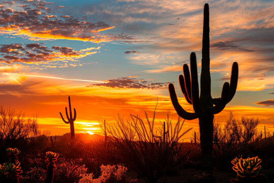 Desert Sunset with Silhouettes of Saguaro Cactus.