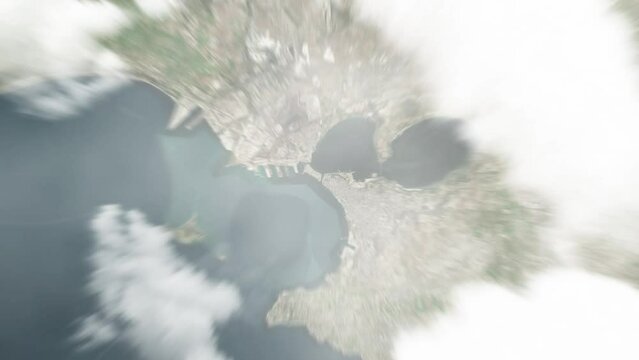 Earth zoom in from space to Taranto, Italy. Followed by zoom out through clouds and atmosphere into space. Satellite view. Travel intro. Images from NASA