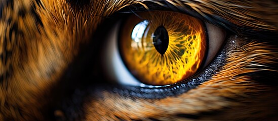 A close up of a tigers eye with yellow iris, surrounded by whiskers and sharp eyelashes. The carnivores head shows fierce determination in its gaze - obrazy, fototapety, plakaty