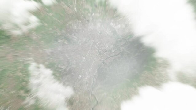 Earth zoom in from space to Turin, Italy. Followed by zoom out through clouds and atmosphere into space. Satellite view. Travel intro. Images from NASA