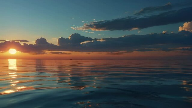 Sun dips below the horizon, painting sky and sea a vivid orange in this tranquil ocean vista. 