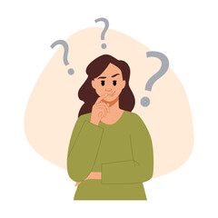 Female Character Standing and Thinking. Concept of Woman Thinking, Planning or Pondering and Holding Hand by Chin. Flat Cartoon Vector Illustration.