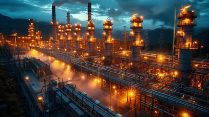 Fototapeta na wymiar Night View of Illuminated Oil Refinery