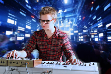 Collage with young musician sits and plays electric organ in night club