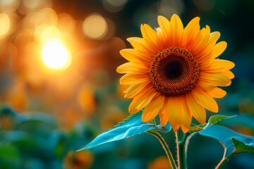 Fototapeta premium Sunflower field landscape close-up.