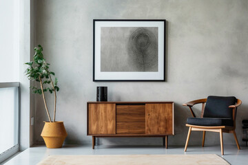 Contemporary living space with wooden cabinet, dresser, and vacant poster frame against textured concrete wall.