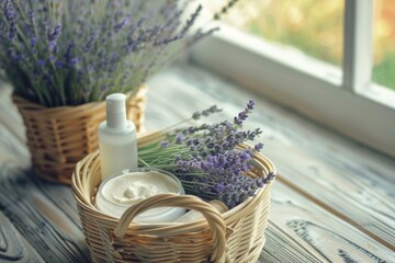 Basket with sample of natural lavender body care products on wooden table and window background....