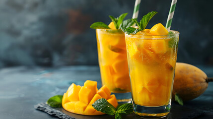Frosty mango smoothie with mint in a dewy glass, tropical freshness ,banana and mango smoothie on table

 - obrazy, fototapety, plakaty