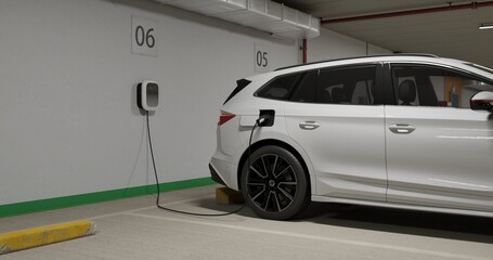 Generic electric crossover car connected to charging box. EV vehicle plugged in energy station,...