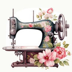 Vintage Floral Sewing Machine Clipart 