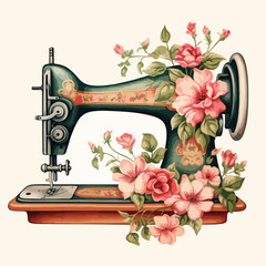 Vintage Floral Sewing Machine Clipart 