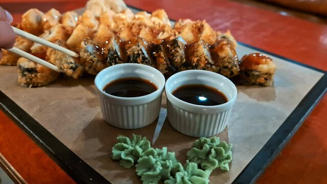 Various type of sushi on plate, chopsticks pick attempt to avoid hungriness, dish ready along soy sauce and wasabi 