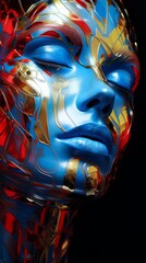 A woman with colorful paint on her face. Colorful woman portrait body paint. Vertical orientation - obrazy, fototapety, plakaty