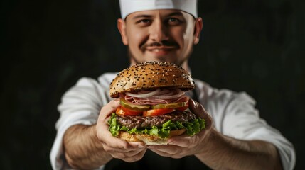 Chef shows his delicious ham burger 