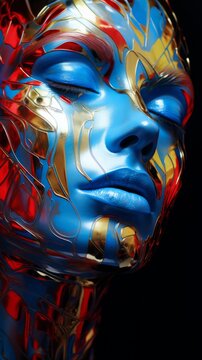 A woman with colorful paint on her face. Colorful woman portrait body paint. Vertical orientation