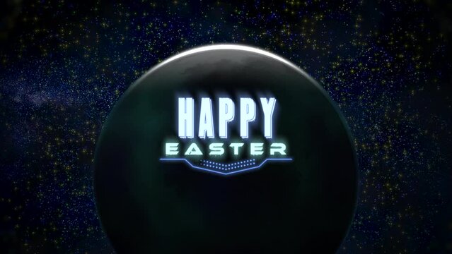 A black egg with Happy Easter written on it, against a dark night sky dotted with stars. A simple yet striking image capturing the essence of Easter