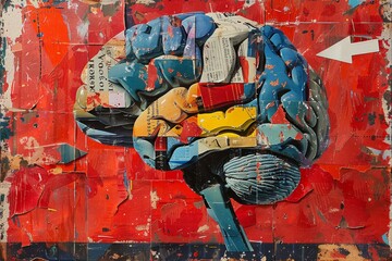 Human Brain Painting on Red Background