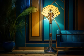Fotobehang Classic blue sofa and vintage lamp illuminated in Art Deco style room. © IMAGINE AI
