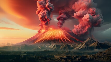 A man watching an erupting volcano. Gigantic volcano eruption with smoke and lava. - obrazy, fototapety, plakaty