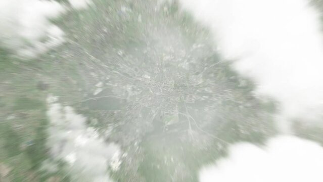 Earth zoom in from space to Katowice, Poland. Followed by zoom out through clouds and atmosphere into space. Satellite view. Travel intro. Images from NASA