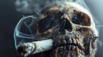 Macro shot of a cigarette butt with smoke fading into a skull symbol