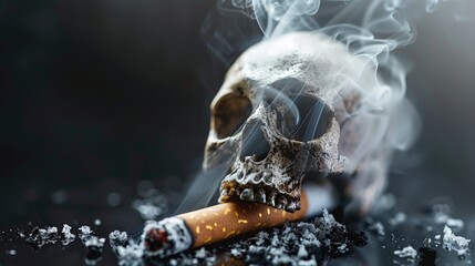 Macro shot of a cigarette butt with smoke fading into a skull symbol - obrazy, fototapety, plakaty