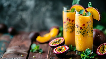 Summer mango and pineapple smoothie. Fresh fruit yellow smoothie ,A glass of orange juice with a straw and a slice of mango on the table. The juice is topped with a sprig of mint