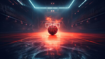 Basketball ball on the floor of an arena with lights and smoke. Basketball ball in centre of arena - obrazy, fototapety, plakaty