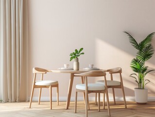 A dining room featuring a rectangular table and chairs, with a houseplant adding a touch of greenery to the space