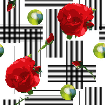 Seamless pattern with red roses on striped background. Flower background for textile, cover, wallpaper, gift packaging, printing. Romantic design for calico, silk. Vector.