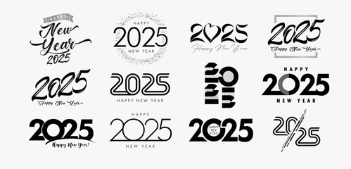 Mega set of logos 2025 Happy New Year text design. Happy New Year 2025, business concept for greeting card or calendar cover. Vector illustration