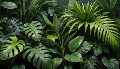 A collection of green, lush tropical plants. - obrazy, fototapety, plakaty