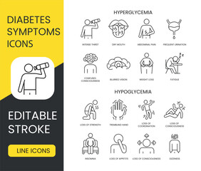 Diabetes Symptoms Line Icons Set Vector with Editable Stroke Hyperglycemia and Hypoglycemia, Loss of Coordination and Strength, Attention and Consciousness, Trembling Hand, Insomnia - obrazy, fototapety, plakaty