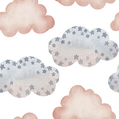 Pink and blue Boho clouds seamless pattern on the white background. Hand painted watercolor cute gender neutral  illustration for baby nursery design.