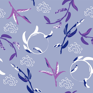Seamless colorful botanical pattern. Hand-drawn leaves and twigs in purple and white. Natural background for textile, cover, wallpaper, gift packaging, printing.Romantic design for calico, silk.