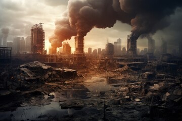 View at dark post-apocalyptic city showing destroyed buildings, water, cloud of dust and fires - obrazy, fototapety, plakaty