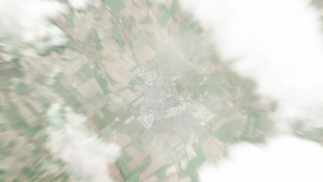 Earth zoom in from space to Trnava, Slovakia. Followed by zoom out through clouds and atmosphere into space. Satellite view. Travel intro. Images from NASA