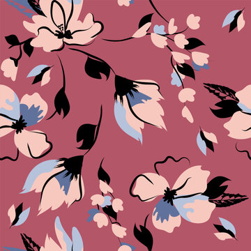 Hand-drawn seamless pattern with floral print. Abstract contour flowers in pink, blue and black. Vector pattern for printing on fabric, gift wrapping, covers, wallpapers.
