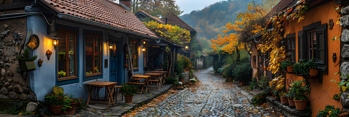 Typical European roadside cafe ,
Rustic cottage in ancient rural scene surrounded by nature - obrazy, fototapety, plakaty