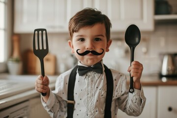 Boy with spatulas in hands in dress with shirt and tie and painted mustache in a white kitchen looking at camera