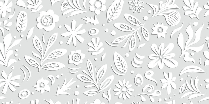 Hand drawn plant elements, light gray background, flowers and leaves, seamless pattern, vector design