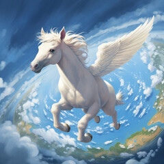 The illustration captures a white Pegasus with powerful wings outstretched, ascending through a vibrant blue sky peppered with soft, white clouds