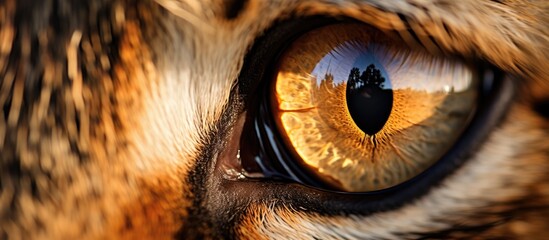 A closeup of a cats eye with long eyelashes, a reflection of a person, and whiskers visible. The...
