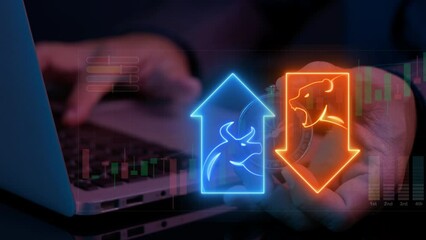 Growing stock market. Bullish and Bearish market trading up and down trend of graph. Business and financial concept. Businessman showing animation of bull and bear icon with arrow.