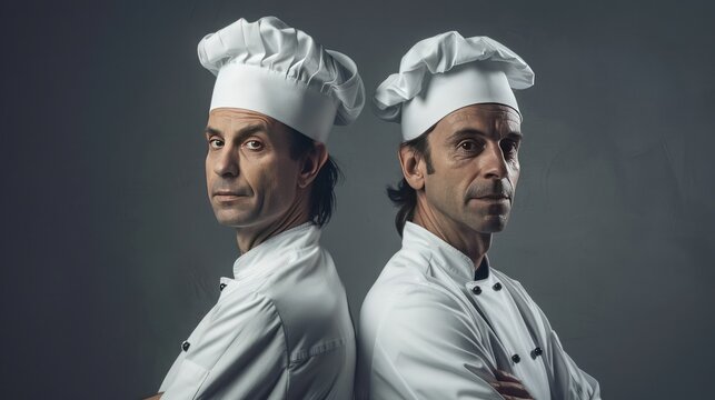 Simone Inzaghi and Massimiliano Allegri, standing back to back, dressed like chefs, photorealistic, photo style 