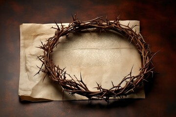 This Crown of Thorns against parchment paper represents Jesus's Crucifixion on the Cross, dying and then rising on Easter Sunday - generative ai - obrazy, fototapety, plakaty