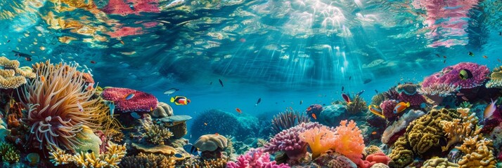 Underwater vibrant coral reef garden teeming with life - Colorful corals of all shapes and sizes create a mesmerizing landscape with swaying sea anemones created with Generative AI Technology - obrazy, fototapety, plakaty