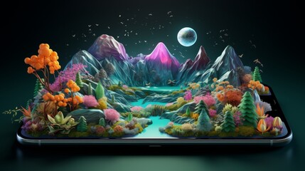 Abstract image of neon island landscape with mountains and trees over a smartphone display. - obrazy, fototapety, plakaty