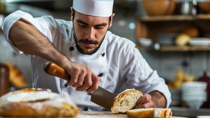 Young male chef in white uniform slice the bread with a knife 